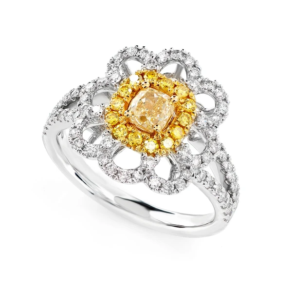 Eight Petal Yellow And White Diamond Flower Ring 14k Solid Gold 1.25ctw