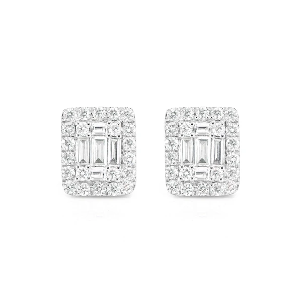 Halo Diamond Baguette Stud Earrings 14k Solid Gold 0.70ctw