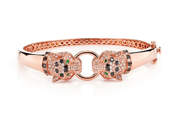 Dual Headed Leopard Diamond Cuff Bracelet 14k Solid Gold 0.80ctw