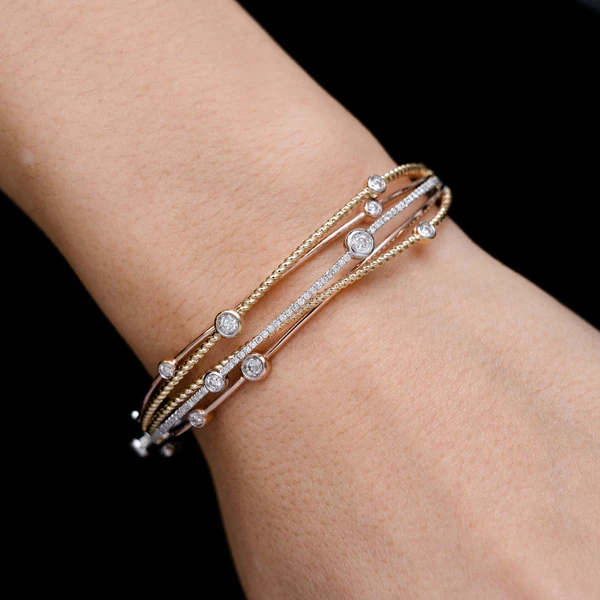 Tri Tone Five Row Scattered Bezel Diamond Twist Bangle Bracelet 14k Solid Gold 0.80ctw