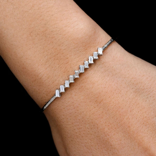 Angled Diamond Baguette Flex Bangle Bracelet 14k Solid Gold 0.85ctw