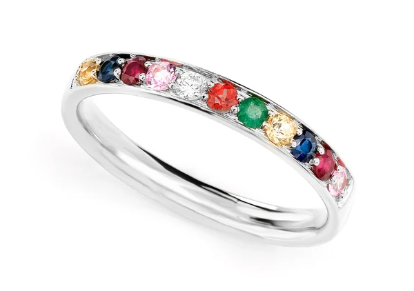 Multi-Colored Gemstone & Diamond Band 14k Solid Gold 0.30ctw