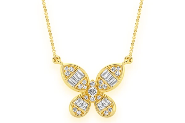  Butterfly Baguette Diamond Necklace Connected 14k Solid Gold 0.33ctw
