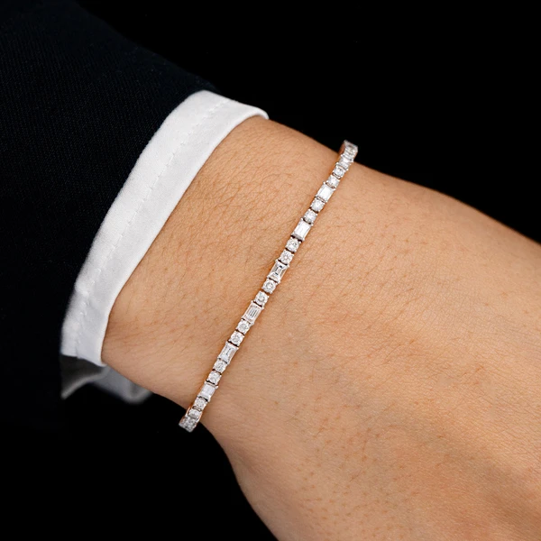 Baguette And Round Diamond Tennis Bracelet 14k Solid Gold 3.50ctw