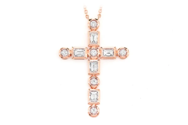 Baguette And Round Diamond Cross Pendant Necklace Attached14k Solid Gold 0.75ctw
