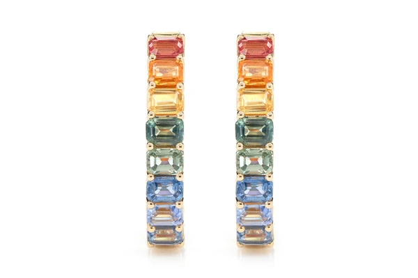 Rainbow Colored Sapphire Inside Outside Hoop Earrings 14k Solid Gold 7.10ctw