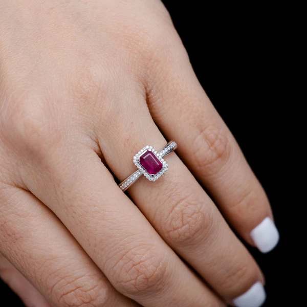 Emerald Cut Ruby Gemstone And Diamond Halo Ring 14k Solid Gold 0.87ctw