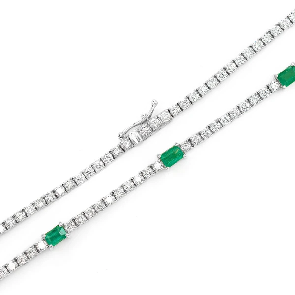 Diamond Tennis Necklace With Emerald Gemstones 14k Solid Gold 5.90ctw