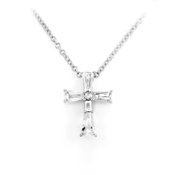 Flared Baguette Diamond Cross Pendant Necklace 14k Solid Gold 0.60ctw