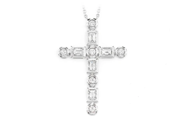 Baguette And Round Diamond Cross Pendant Necklace Attached14k Solid Gold 0.75ctw