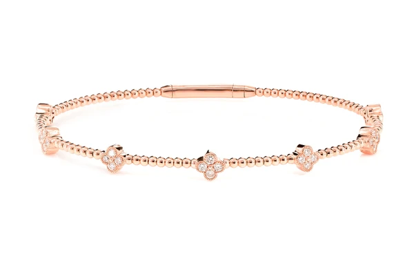 Beaded Milgrain Diamond Clover Flex Bangle Bracelet 14k Solid Gold 0.45ctw