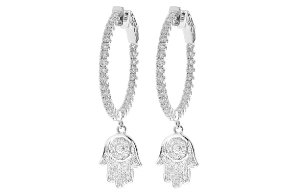 Hamsa Dangling Diamond Hoop Earrings 14k Solid Gold 1.85ctw 