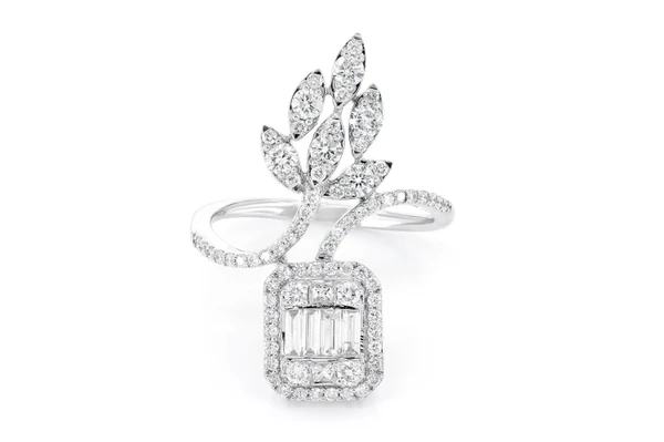 Round Baguette Floral Diamond Ring 14k Solid Gold 1.00ctw