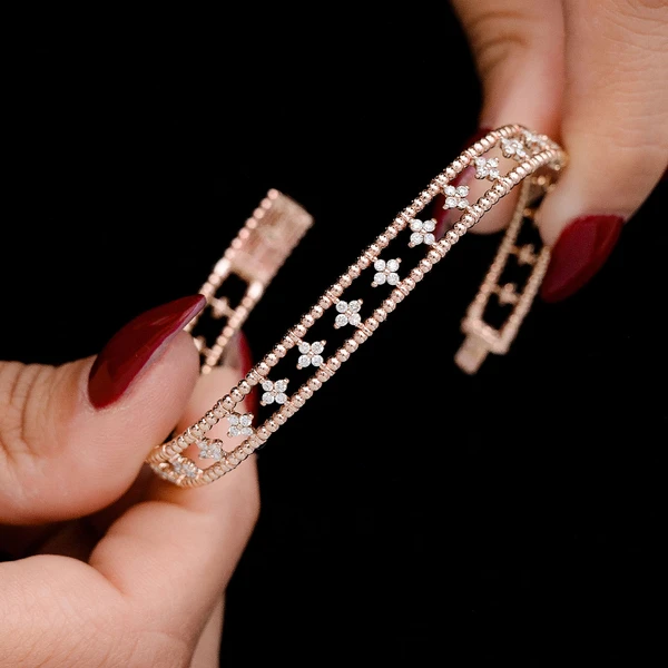 Diamond Beaded Open Four Petal Flex Bangle Bracelet 0.65ctw 14k Solid Gold 