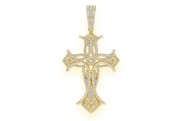 Filigree Bezel Cross Diamond Pendant 14k Solid Gold 3.00ctw