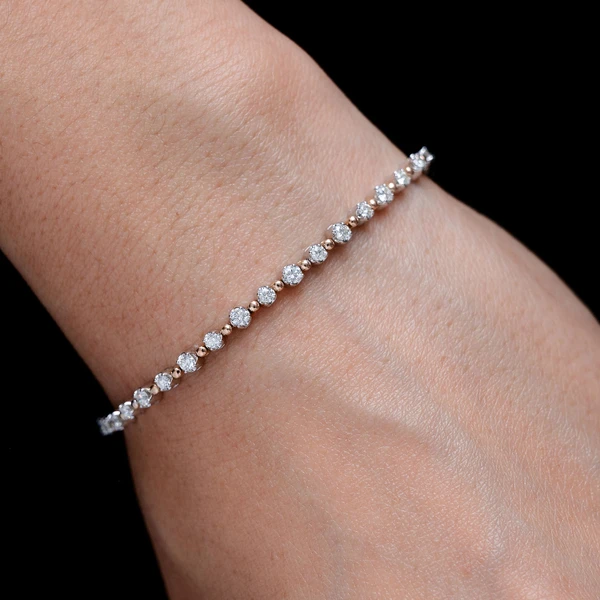 Beaded Crown Link Diamond Bracelet 14k Solid Gold 1.70ctw 