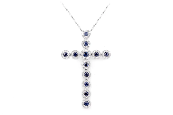 Sapphire And Diamond Halo Cross Pendant Attached Necklace 14k Solid Gold 2.10ctw