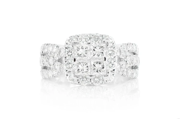 2.50ctw - Princess Quad Cluster Specialty Shank - Diamond Engagement Ring - All Natural