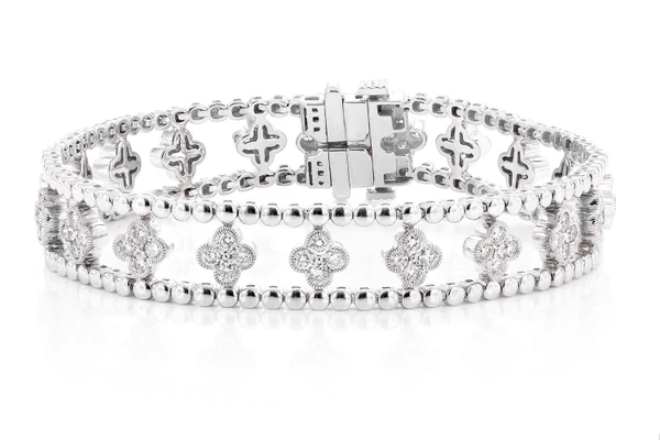 Diamond Beaded Open Clover Flex Bangle Bracelet 2.50ctw 14k Solid Gold 