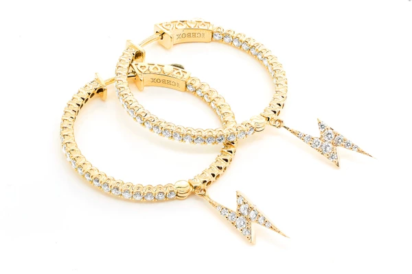 Inside-Out Dangling Lightning Bolt Hoop Diamond Earrings 14k Solid Gold 2.00ctw