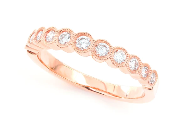 Stackable Diamond Wedding Band Milgrain Bezel Set 14k Solid Gold 0.40ctw