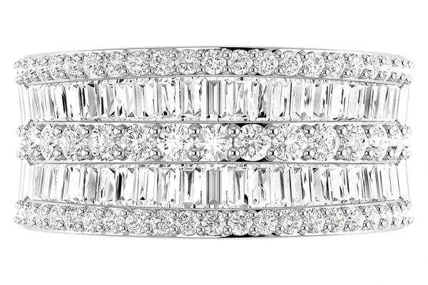 Round And Baguette Wide Diamond Band 14k Solid Gold 1.85ctw