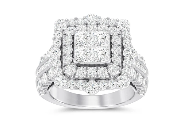 3.25ctw - Square Double Halo Cluster Wide Band - Diamond Engagement Ring - All Natural