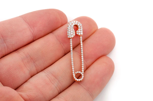 Safety Pin Diamond Pendant 14k Solid Gold 0.80ctw