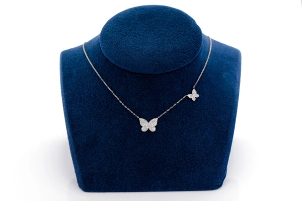Double Butterfly Diamond Necklace Attached 14k Solid Gold 0.37ctw