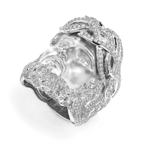 Jesus Signet Crown Of Thorns Diamond Ring Solid Gold 3.25ctw