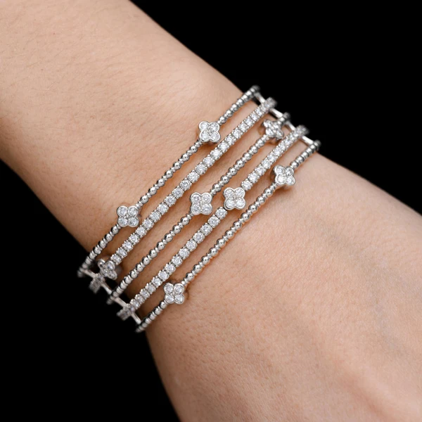 Five Row Beaded Diamond Clover Flex Bangle Bracelet 14k Solid Gold 4.80ctw 