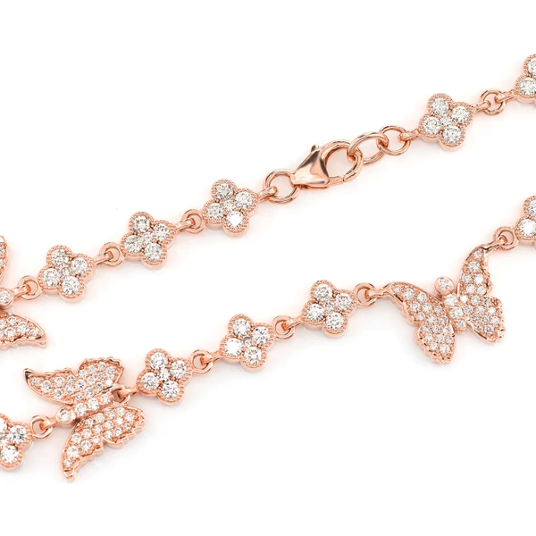 Butterfly Clover Diamond Station Chain 14k Solid Gold 7.20ctw