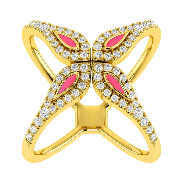 0.35ctw Criss-Cross Pink Enamel Diamond Ring - All Natural - 14k Solid Gold