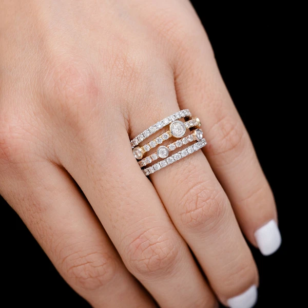 Four Row Tri-Color Scattered Bezel Diamond Ring 14k Solid Gold 1.45ctw