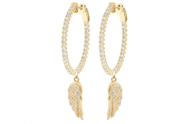 Feather Wing Dangling Hoop Diamond Earrings 14k Solid Gold 3.33ctw