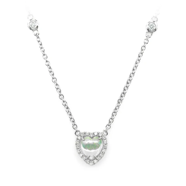 Opal And Diamond Heart Pendant Attached Necklace 14k Solid Gold 0.50ctw 