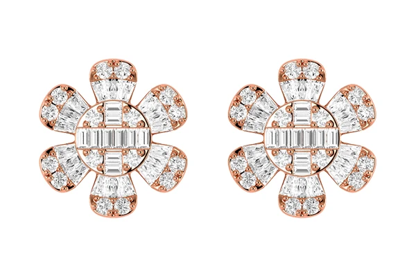 Floral Baguette & Round Diamond Stud Earrings 14k Solid Gold 0.50ctw