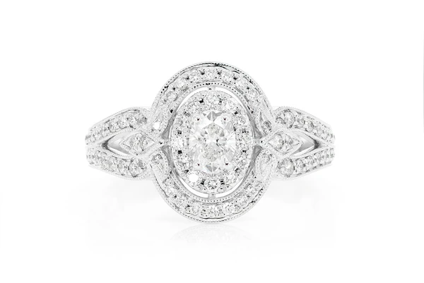 0.75ctw - Oval Double Halo Millgrain - Diamond Engagement Ring - All Natural