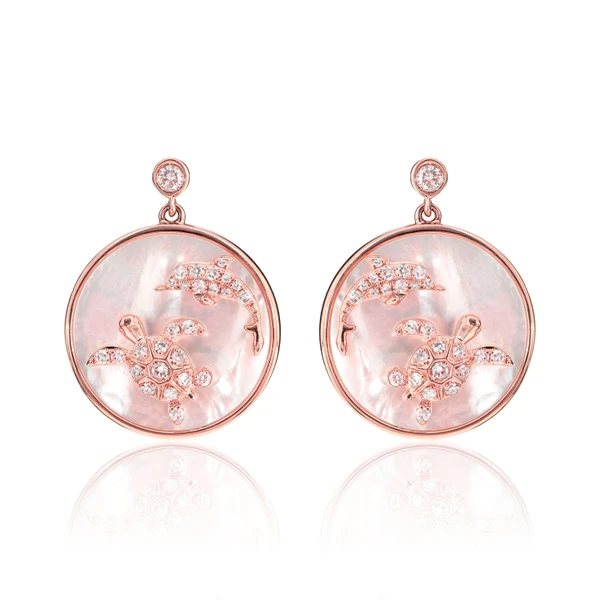 Mother Of Pearl And Diamond Sea Turtle Dolphin Earrings 14k Solid Gold 5.40ctw