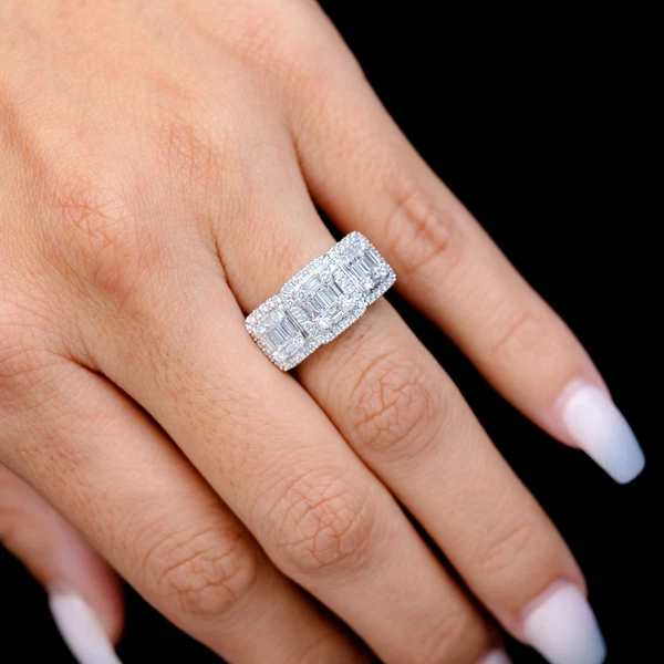 Baguette And Round Diamond Three Stone Cluster Ring 14k Solid Gold 1.00ctw