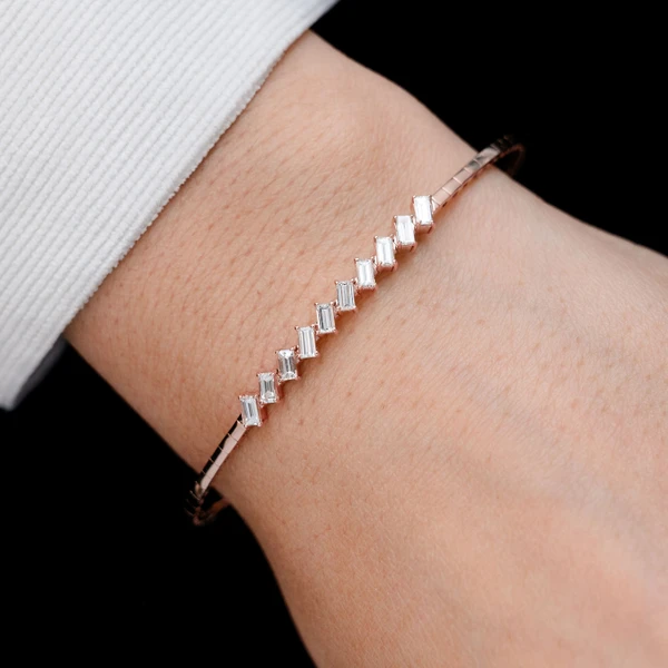 Slanted Baguette Diamond Hinge Bracelet 14k Solid Gold 0.90ctw