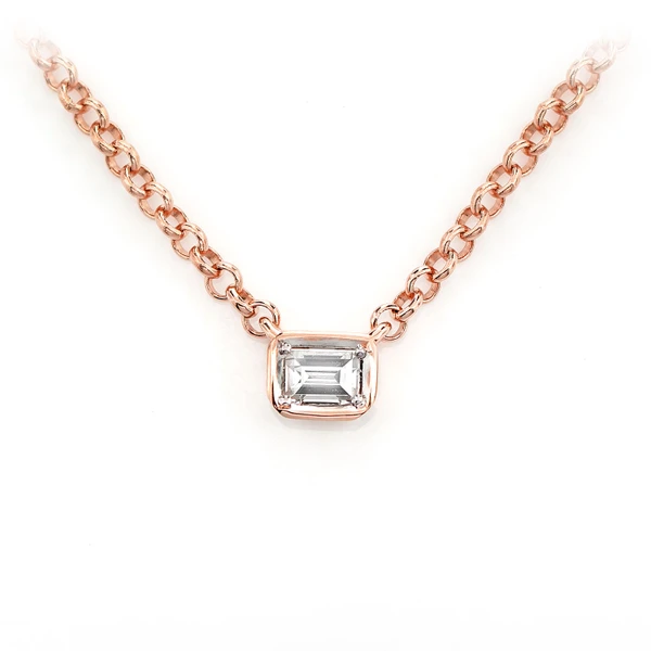Baguette Bezel Solitaire Pendant Attached Necklace 14k Solid Gold 0.09ctw 