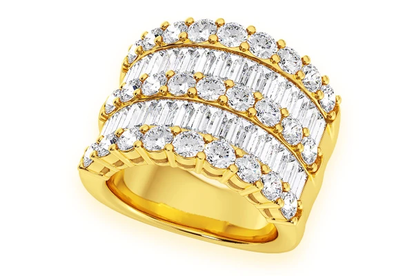 Super Three Row Round & Baguette Diamond Ring 14k Solid Gold 5.25ctw