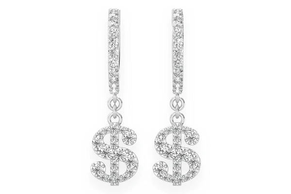 Dollar Sign Dangling Hoop Earrings 14k Solid Gold 0.65ctw