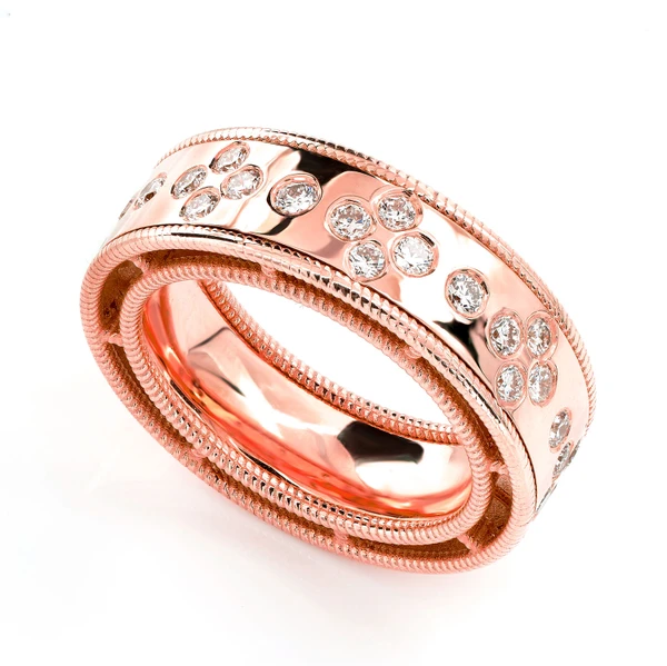 Gypsy Set Cluster Border Band Ring 14k Solid Gold 0.70ctw