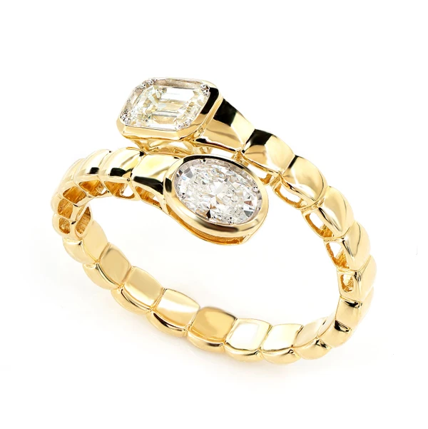 Oval And Baguette Diamond Bypass Ring 14k Solid Gold 0.85ctw