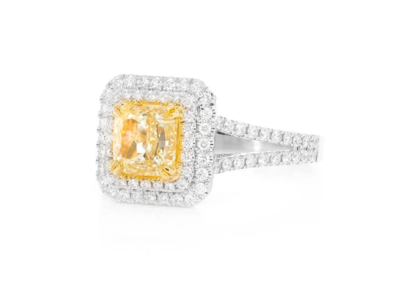 1.50ct Cushion Cut Yellow Diamond - Double Halo- Diamond Engagement Ring - All Natural