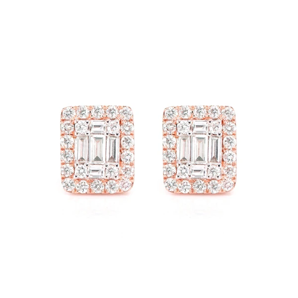 Halo Diamond Baguette Stud Earrings 14k Solid Gold 0.70ctw