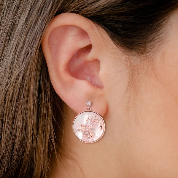 Mother Of Pearl And Diamond Sea Turtle Dolphin Earrings 14k Solid Gold 5.40ctw