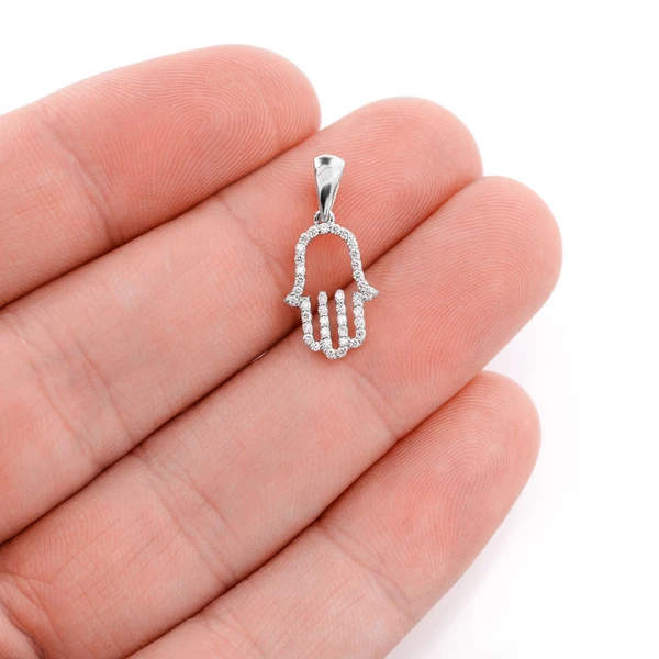 Open Diamond Hamsa Pendant 14k Solid Gold 0.15ctw